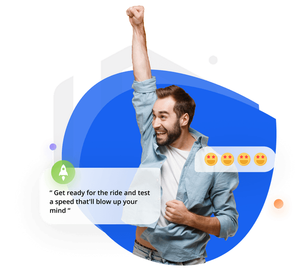 Excited person raising hand to try Hostylus service